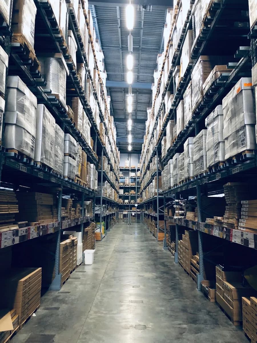 Ürünlerin yüksek raflarda düzenlendiği bir depo koridoru
